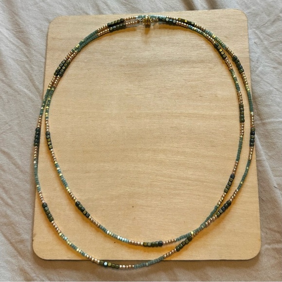 Handmade Jewelry - Double Strand Gold Tone Green Beaded Necklace